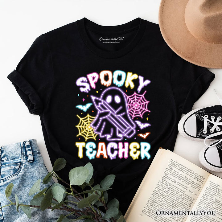 Spooky Teacher Neon Ghost T-Shirt, Retro Halloween Tee for Educators T-Shirts OrnamentallyYou Black XS 