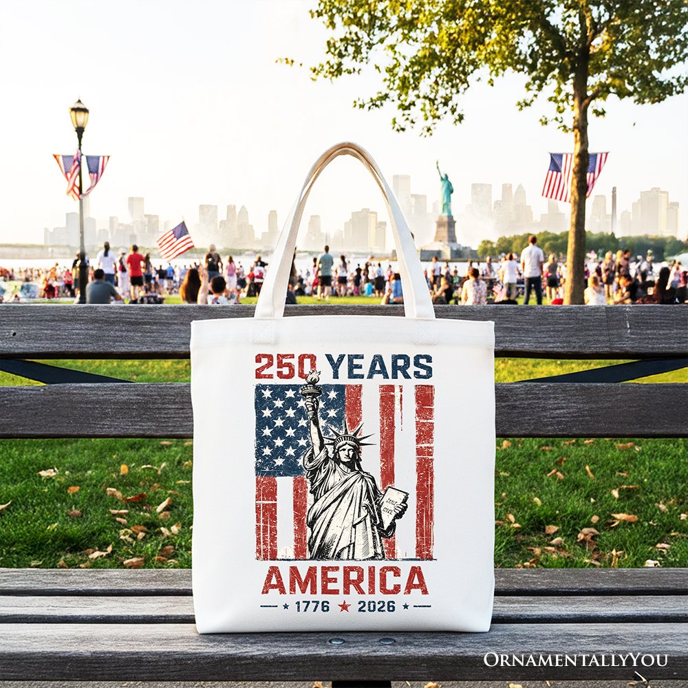 Statue of Liberty America Flag 250 Years Tote Bag, 4th of July USA Patriotic 1776–2026 Gift Shopper Tote Bag OrnamentallyYou White 