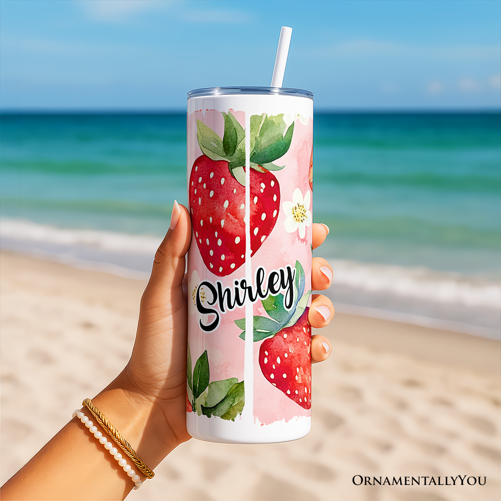 Strawberry Pattern 20oz Personalized Tumbler With Lid and Stainless Steel Straw, Summer Pink Girly Travel Mug Gift