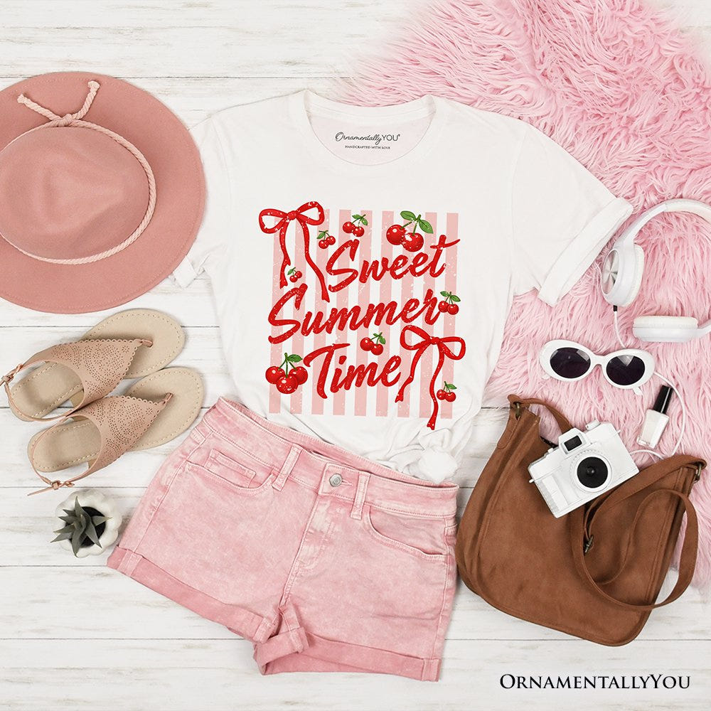 Striped Cherry Sweet Summer Time T-Shirt, Coquette Vacation Tee T-Shirts OrnamentallyYou White XS 