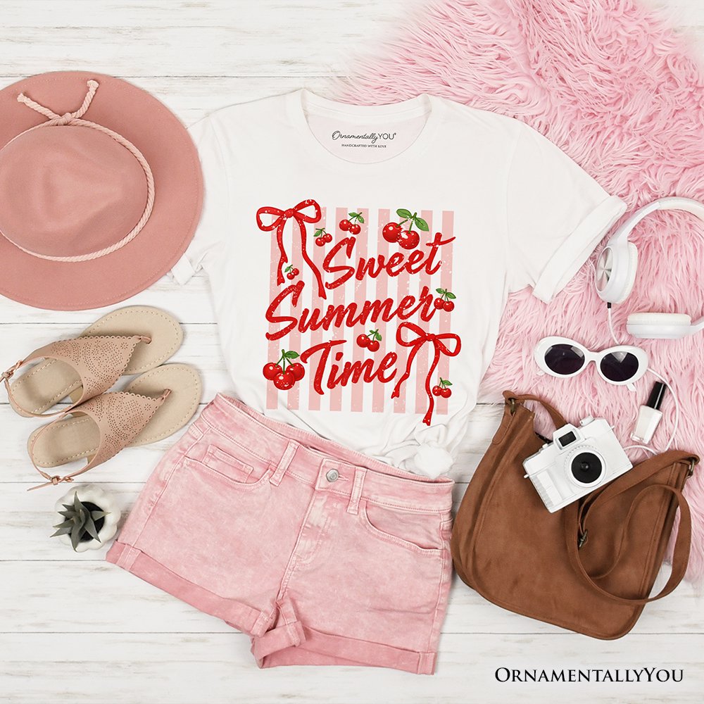 Striped Cherry Sweet Summer Time T-Shirt, Coquette Vacation Tee T-Shirts OrnamentallyYou White XS 