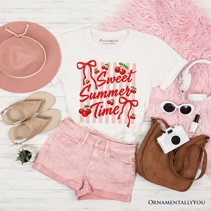 Striped Cherry Sweet Summer Time T-Shirt, Coquette Vacation Tee