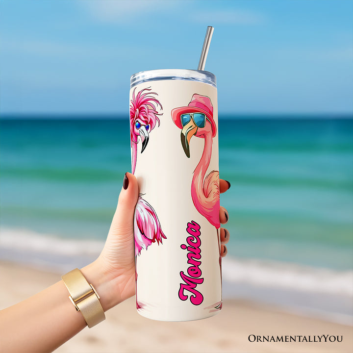 Stylish Summer Flamingo 20oz Personalized Tumbler With Lid and Stainless Steel Straw, Retro Tropical Birds Gift Cup