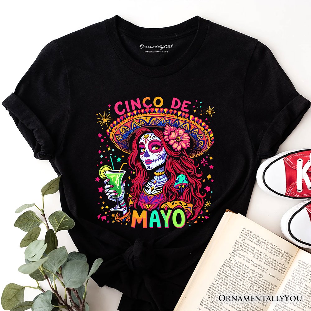 Sugar Skull Girl Cinco De Mayo T-Shirt, Mexican Margarita Sombrero Fiesta Tee T-Shirts OrnamentallyYou Black XS 