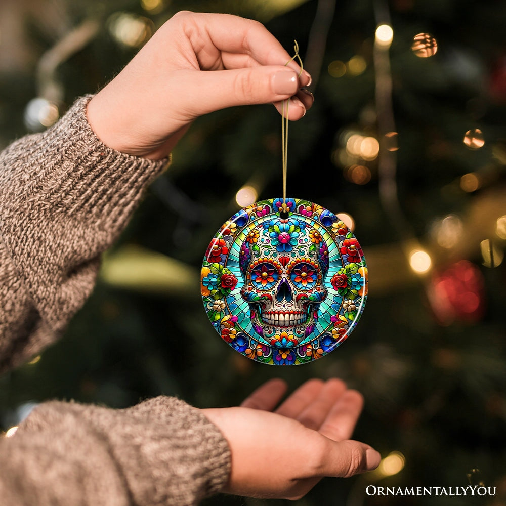 Sugar Skull Stained Glass Themed Ceramic Ornament, Day of the Dead Mexican Christmas Gift Ceramic Ornament OrnamentallyYou 