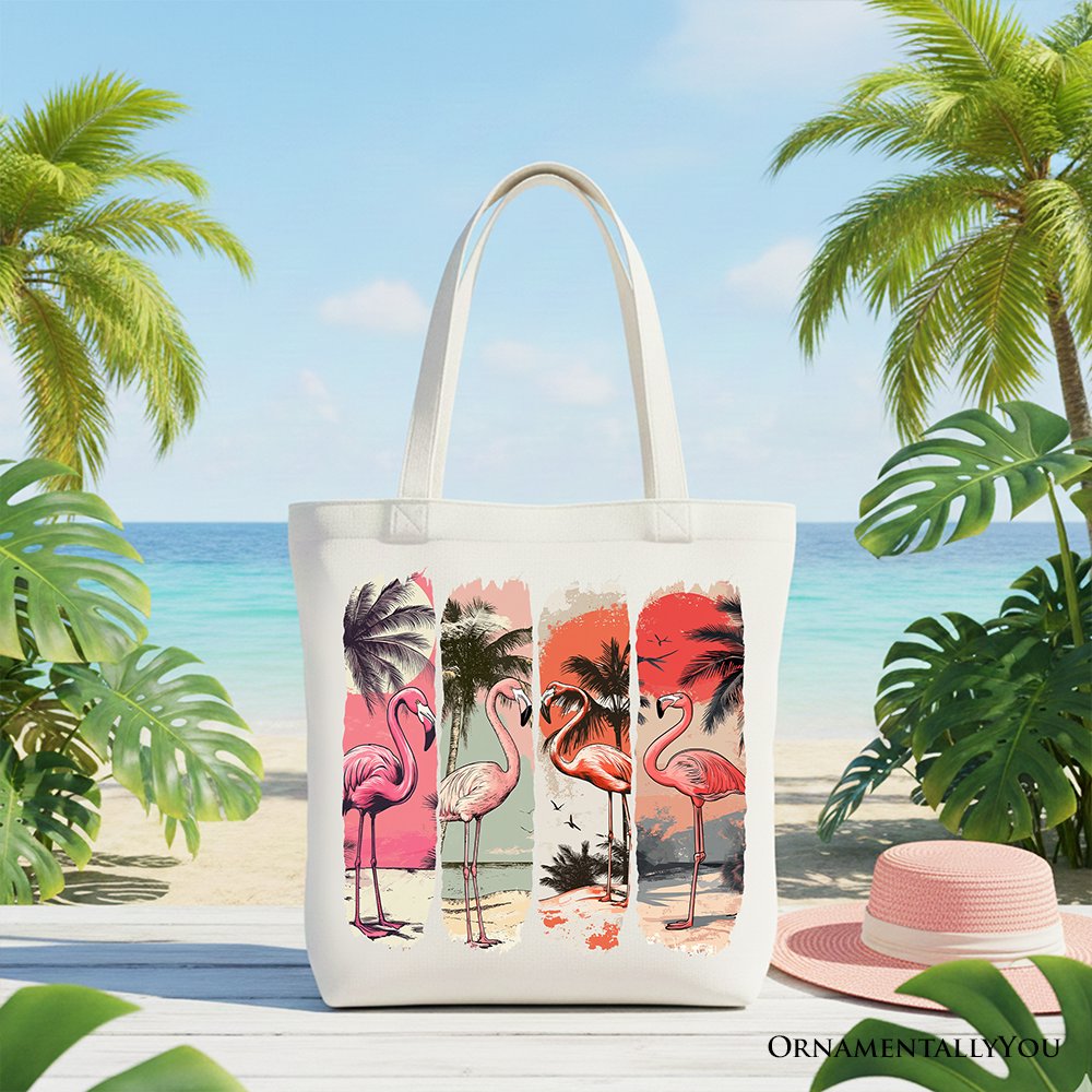 Summer Flamingo Beach Canvas Tote Bag, Retro Vacation Tropical Sunset Gift Shopper Tote Bag OrnamentallyYou White 