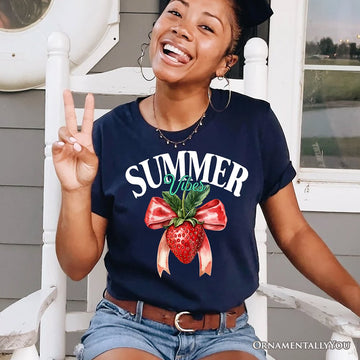 Summer Vibes Strawberry T-Shirt, White, Natural and Navy Seasonal Tee with Coquette Style T-Shirts OrnamentallyYou 