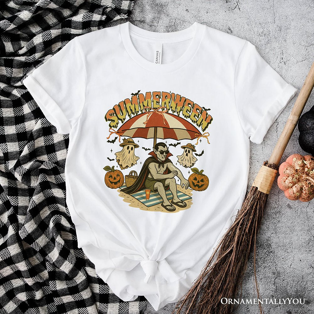 Summerween Vampire Dracula T-Shirt, Retro Halloween Beach Tee for Horror Spooky Summer Season T-Shirts OrnamentallyYou White XS 
