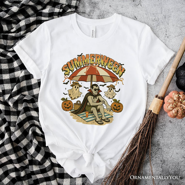 Summerween Vampire Dracula T-Shirt, Retro Halloween Beach Tee for Horror Spooky Summer Season T-Shirts OrnamentallyYou White XS 