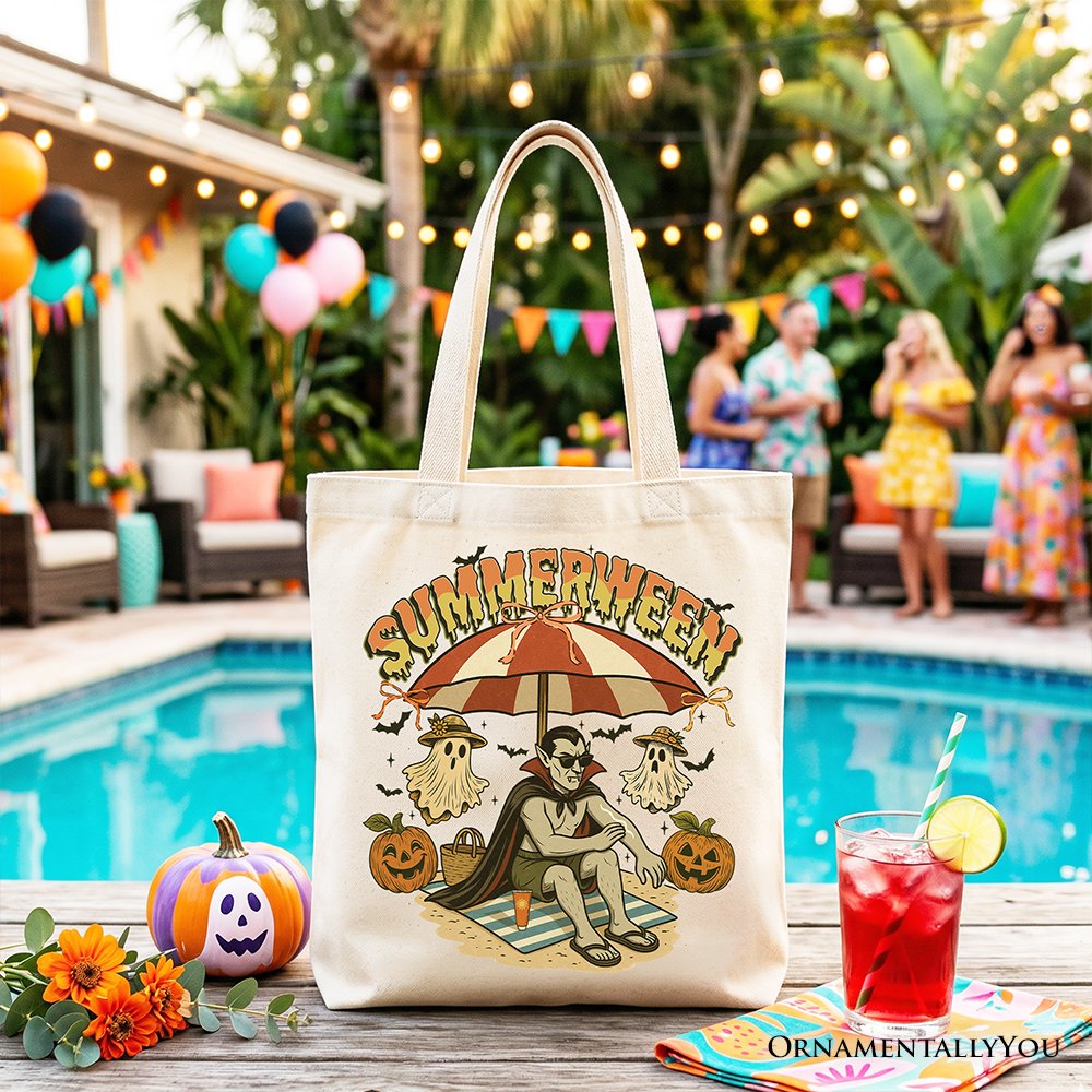 Summerween Vampire Dracula Tote Bag, Retro Halloween Beach Gift Shopper for Horror Spooky Summer Season Tote Bag OrnamentallyYou Beige 