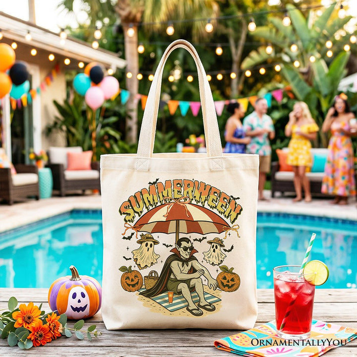 Summerween Vampire Dracula Tote Bag, Retro Halloween Beach Gift Shopper for Horror Spooky Summer Season Tote Bag OrnamentallyYou Beige 