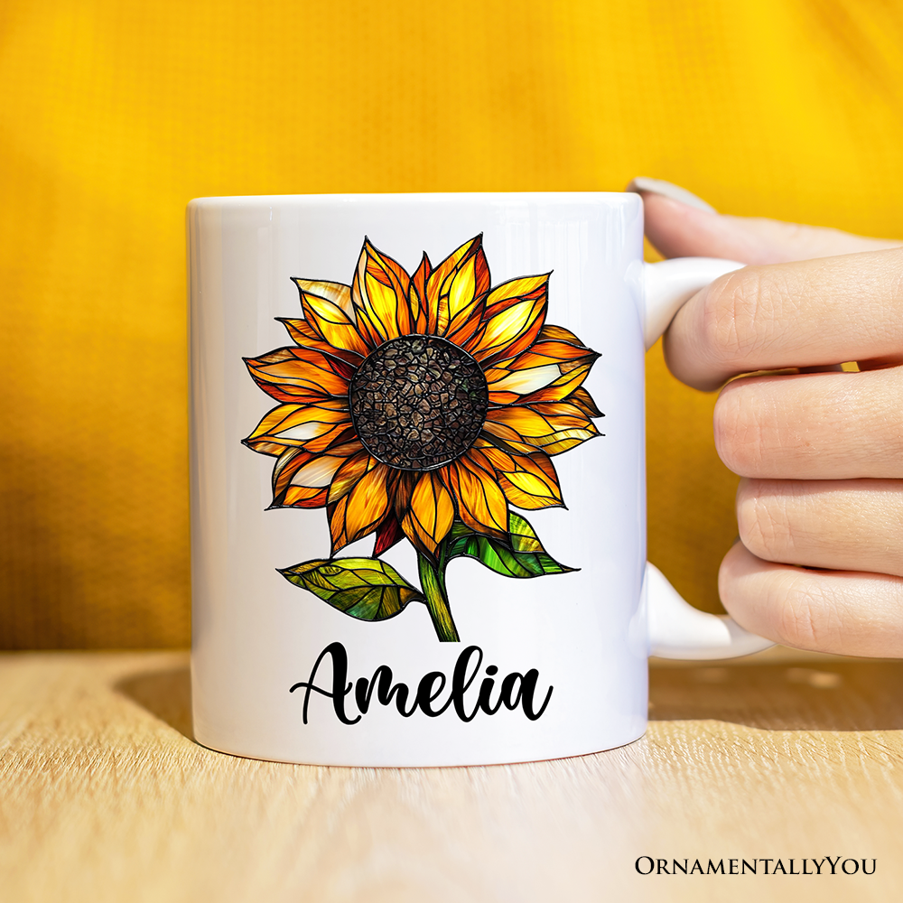 Sunflower Stained Glass Personalized Mug, Sunshine in Life Custom Name Gift