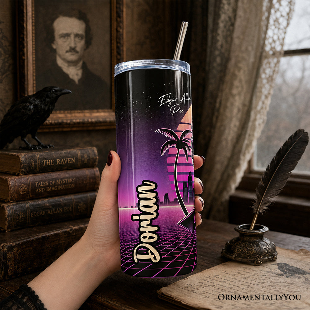 Synthwave 80's Styled Edgar Allan Poe Horror 20oz Personalized Tumbler With Lid and Stainless Steel Straw, Vaporwave Classic Retro Neon Halloween Gift Cup