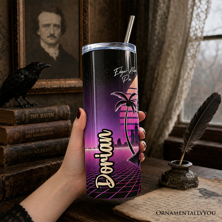 Synthwave 80's Styled Edgar Allan Poe Horror 20oz Personalized Tumbler With Lid and Stainless Steel Straw, Vaporwave Classic Retro Neon Halloween Gift Cup
