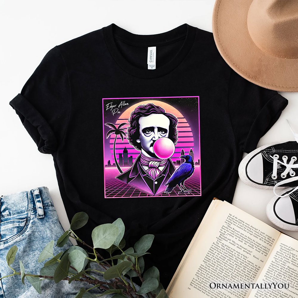 Synthwave 80's Styled Edgar Allan Poe Horror T-Shirt, Vaperwave Classic Retro Neon Halloween Tee T-Shirts OrnamentallyYou Black XS 