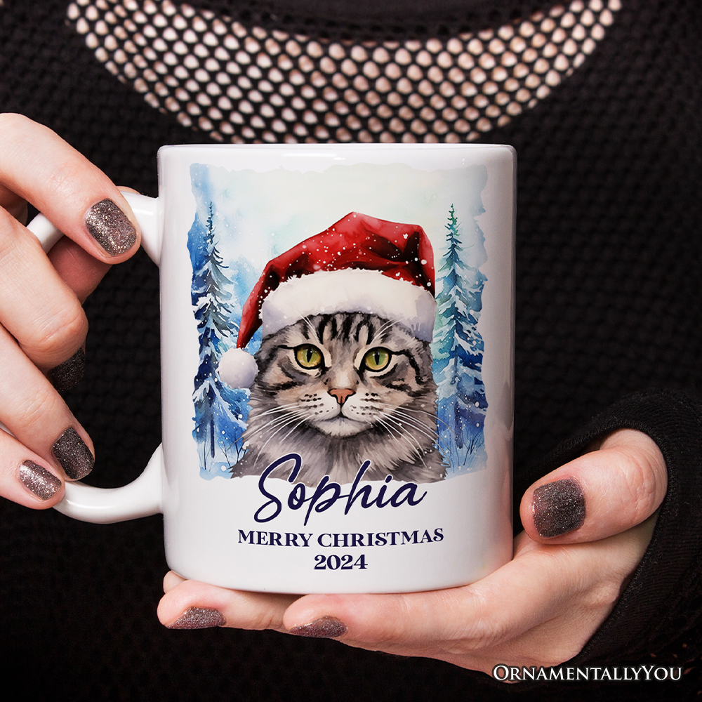 Tabby Cat with Santa Hat Personalized Mug, Winter Forest Christmas Gift With Custom Name and Date