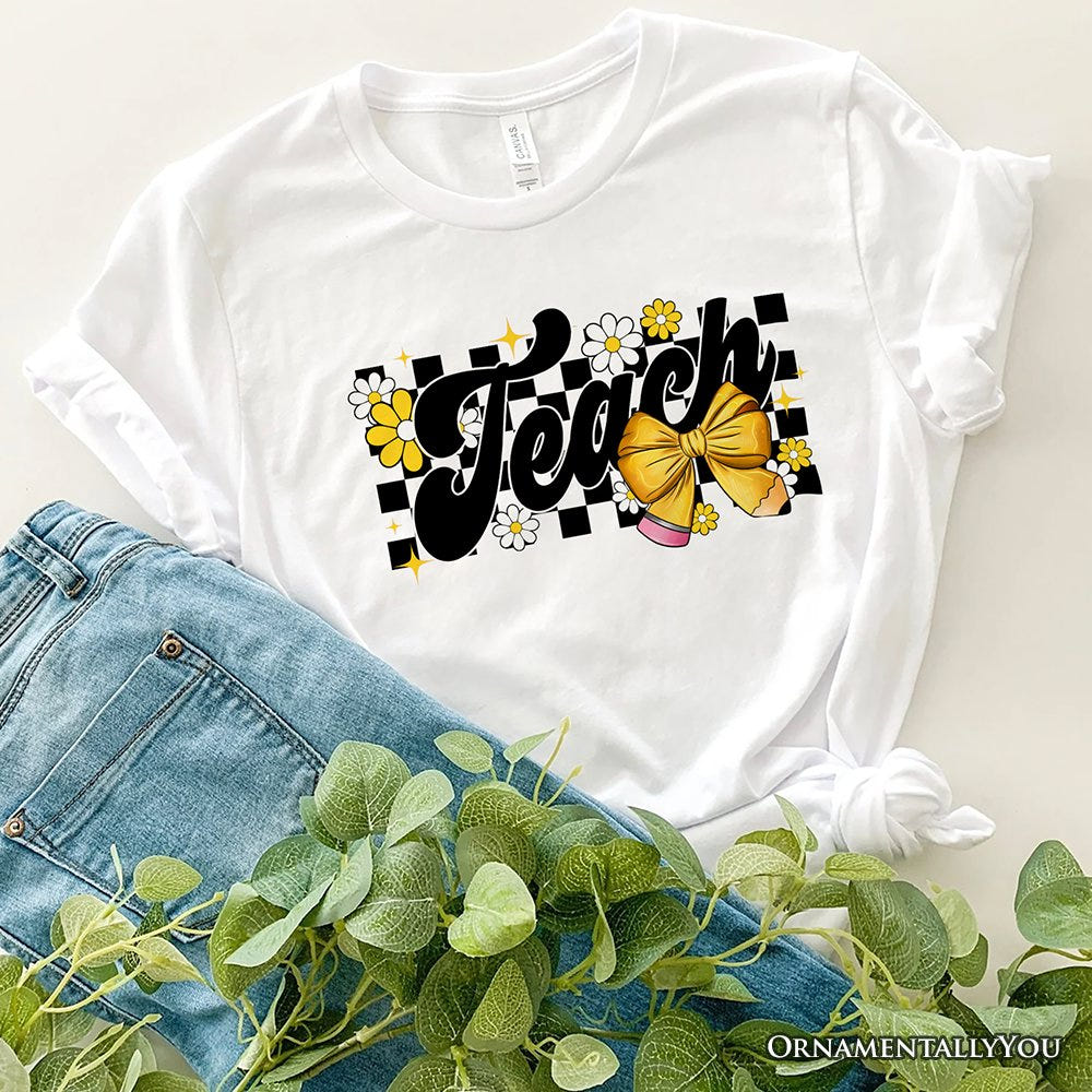 Teach Checkered Coquette Bow T-Shirt, White and Natural Retro Tee for Trendy Teachers T-Shirts OrnamentallyYou White XS 