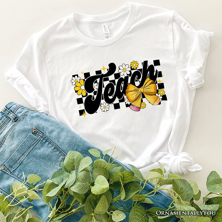 Teach Checkered Coquette Bow T-Shirt, White and Natural Retro Tee for Trendy Teachers T-Shirts OrnamentallyYou White XS 