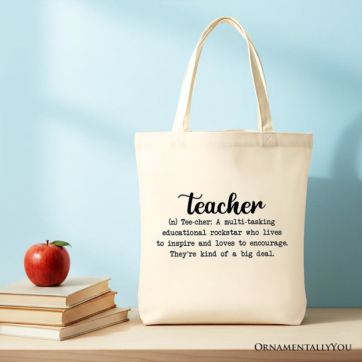 Teacher Definition Canvas Tote Bag, Inspirational Quote Gift Shopper for Educators Tote Bag OrnamentallyYou Beige 