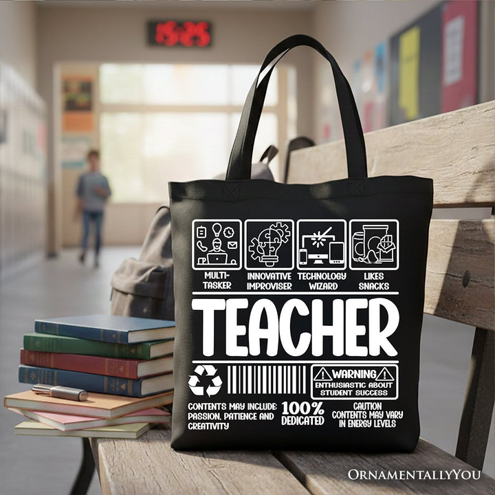 Teacher Label Tote Bag, Funny Barcode Gift Shopper for Dedicated Educators Tote Bag OrnamentallyYou Black 