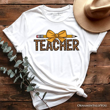 Teacher Leopard Pencil T-Shirt, Coquette Bow Retro Classroom Tee for Educators T-Shirts OrnamentallyYou White XS 