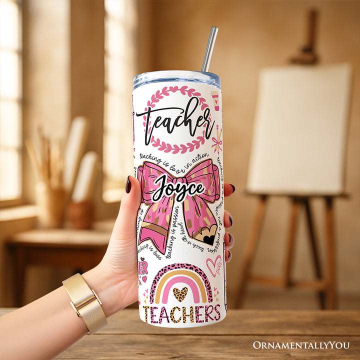 Teacher Life Pink 3D Inflated 20oz Personalized Tumbler With Lid and Stainless Steel Straw, Educator Appreciation Gift Cup