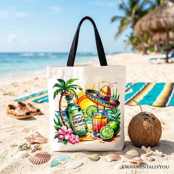 Tequila Cheaper Than Therapy Cinco De Mayo Tote Bag, Funny Beach Drink Gift Shopper Tote Bag OrnamentallyYou Black Handle 