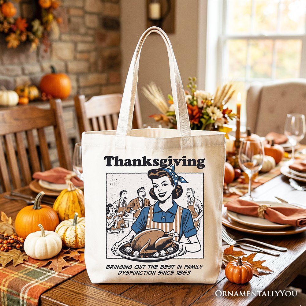 Thanksgiving Family Dysfunction Retro Tote Bag, Funny Holiday Humor Gift Shopper for Sarcastic Families Tote Bag OrnamentallyYou White 