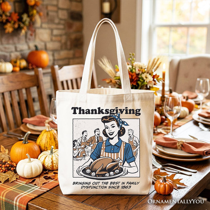 Thanksgiving Family Dysfunction Retro Tote Bag, Funny Holiday Humor Gift Shopper for Sarcastic Families Tote Bag OrnamentallyYou White 