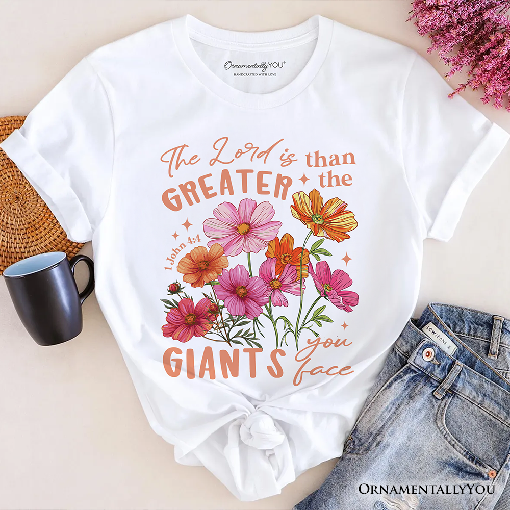 The Lord Is Greater Floral Christian T-Shirt, Faith Bible Verse Inspirational Tee
