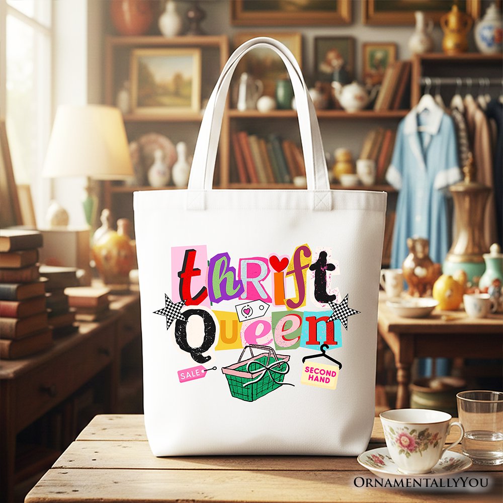 Thrift Queen Tote Bag, Colorful Second Hand Shopping Gift Shopper Tote Bag OrnamentallyYou White 