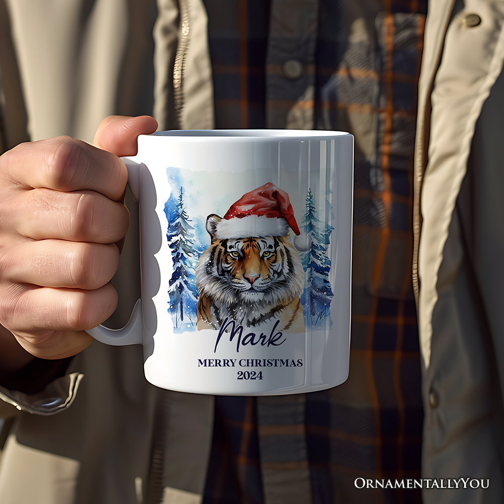 Tiger with Santa Hat Personalized Mug, Winter Forest Christmas Gift With Custom Name and Date