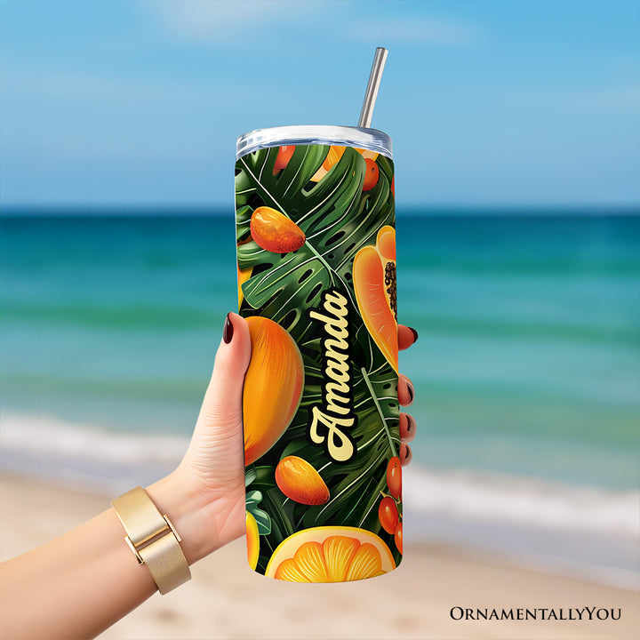 Tropical Papaya, Mango and Citrus 20oz Personalized Tumbler With Lid and Stainless Steel Straw, Exotic Summer Fruit Gift Cup