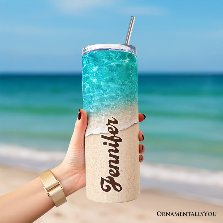 Turquoise Ocean Shore 20oz Personalized Tumbler With Lid and Stainless Steel Straw, Tropical Summer Coastal Gift Cup