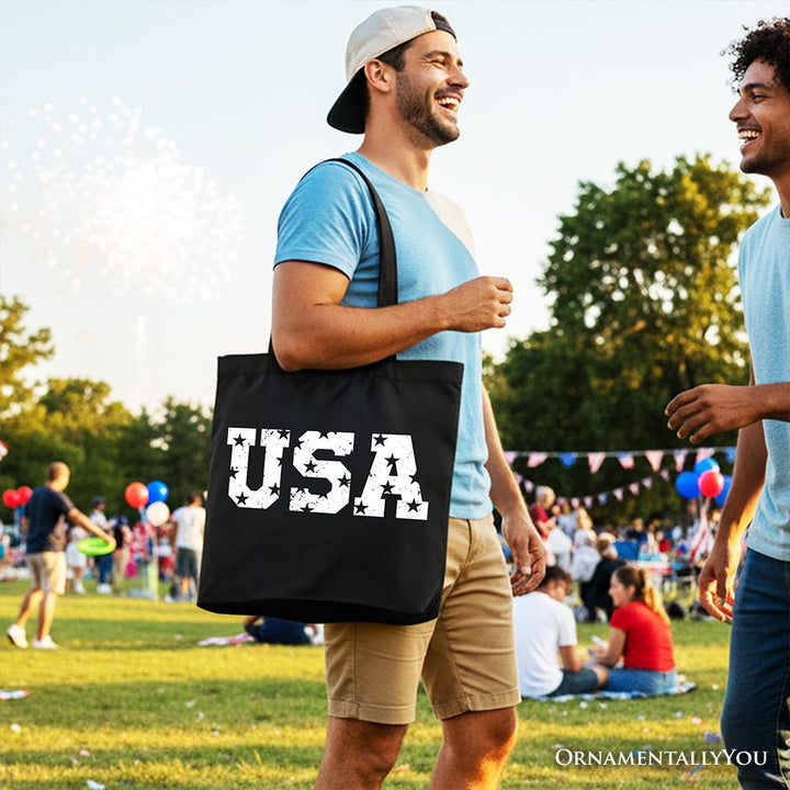 USA Block Letters Tote Bag, Vintage Patriotic Gift Shopper for Independence Day Tote Bag OrnamentallyYou 