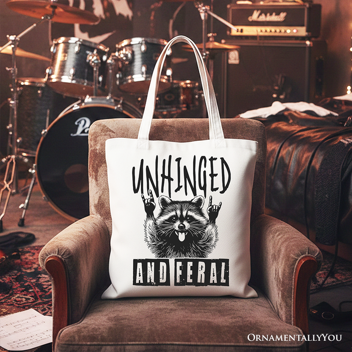 Unhinged and Feral Raccoon Canvas Tote Bag, Funny Rock Hands Gift Shopper for Wild People