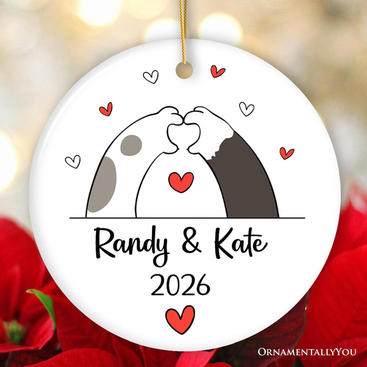 Valentine Cat Paw Heart Personalized Ornament, Cat Lover Custom Name Gift Ceramic Ornament OrnamentallyYou Circle 