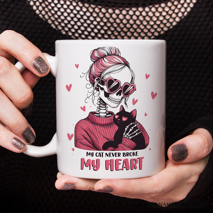 Valentine Day Girl Skeleton Personalized Mug, My Cat Never Broke My Heart Funny Gift With Custom Name