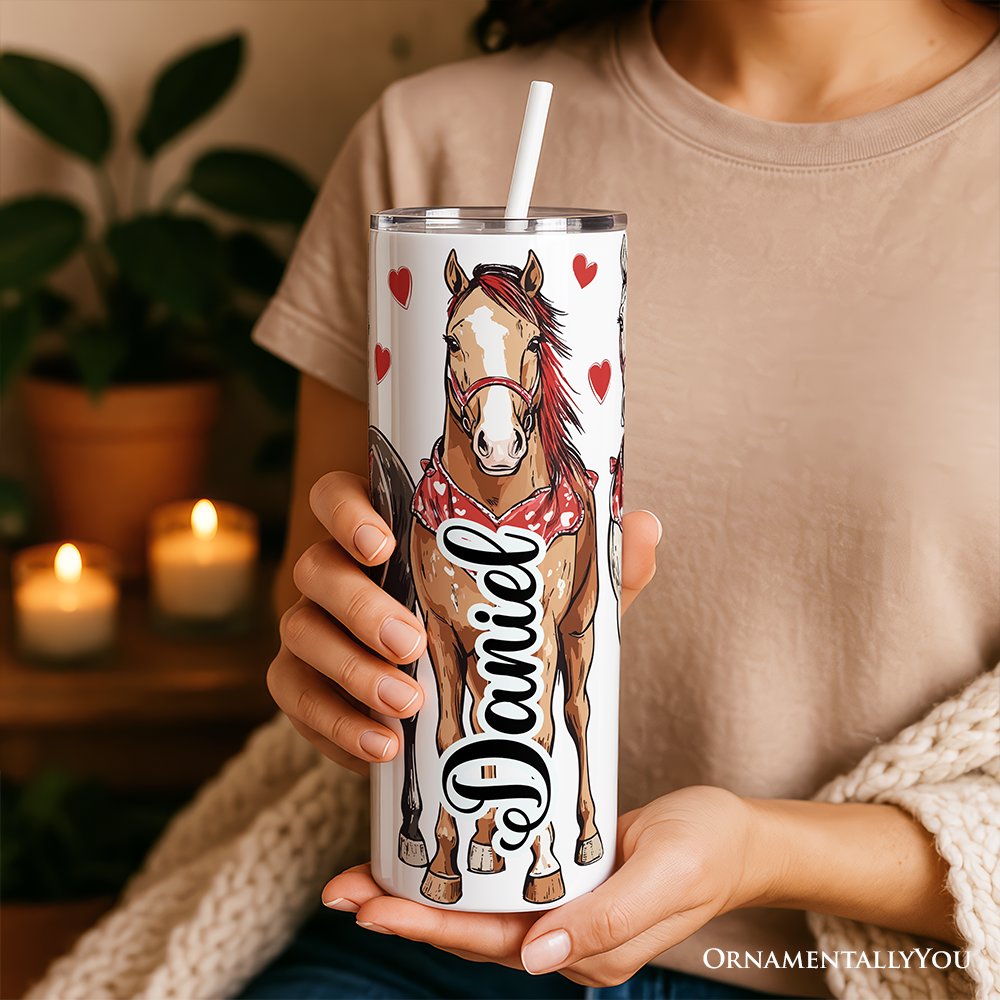 Valentine Horses Western Pattern 20oz Personalized Tumbler With Lid and Stainless Steel Straw, Cute Country Travel Mug Gift Tumbler OrnamentallyYou 