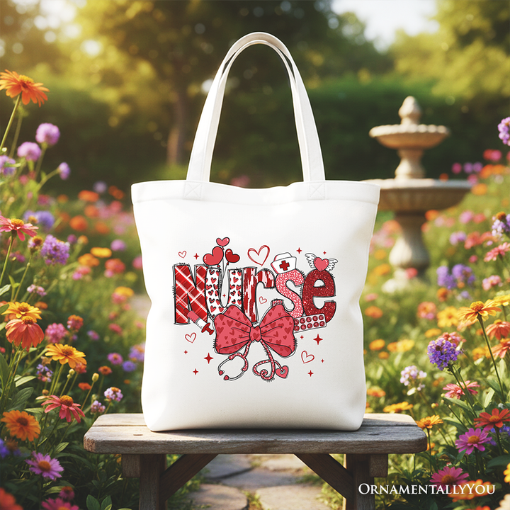 Valentine Nurse Coquette Bow Canvas Tote Bag, Cupid Favorite Nurse Work Shopper