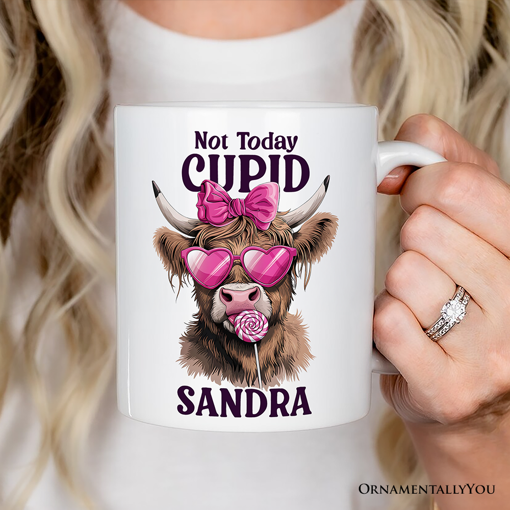 Valentines Highland Cow Personalized Mug, Not Today Cupid Funny Cow Lover Gift