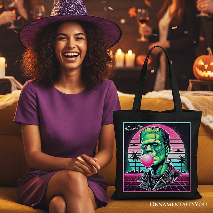 Vaperwave Frankenstein Retro Neon Horror Canvas Tote Bag, Synthwave 80's Styled Classic Halloween Gift Tote Bag OrnamentallyYou 