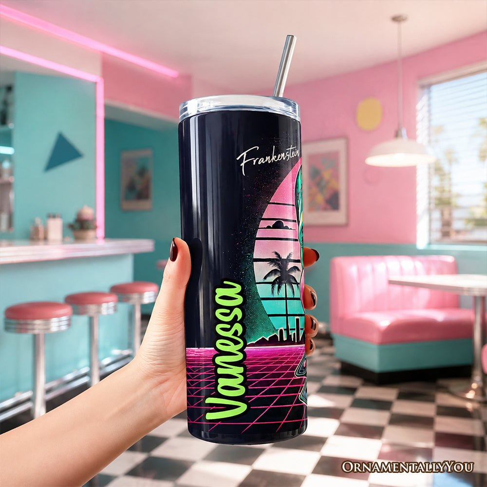 Vaporwave Frankenstein Retro Neon Horror 20oz Personalized Tumbler With Lid and Stainless Steel Straw, Synthwave 80's Styled Classic Halloween Gift Cup