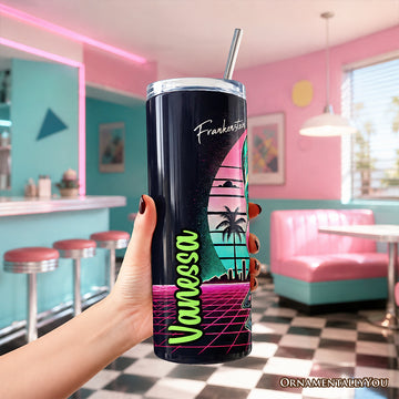 Vaporwave Frankenstein Retro Neon Horror 20oz Personalized Tumbler With Lid and Stainless Steel Straw, Synthwave 80's Styled Classic Halloween Gift Cup