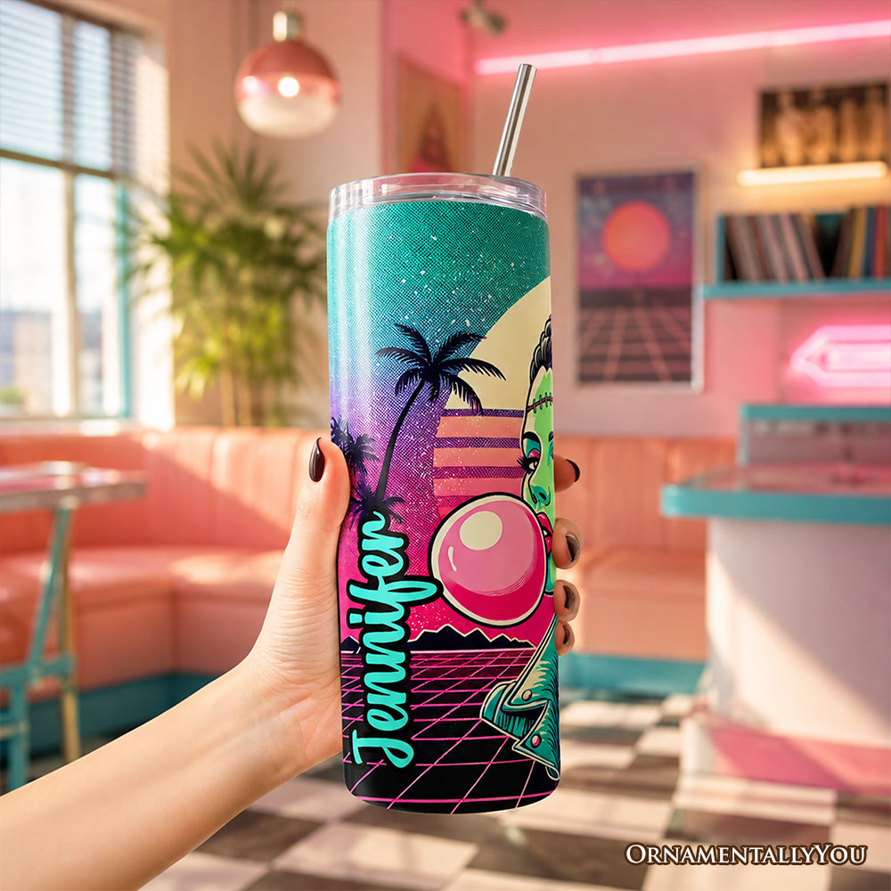Vaporwave Mrs Frankenstein Retro Neon Horror 20oz Personalized Tumbler With Lid and Stainless Steel Straw, Synthwave 80's Styled Classic Halloween Gift Cup