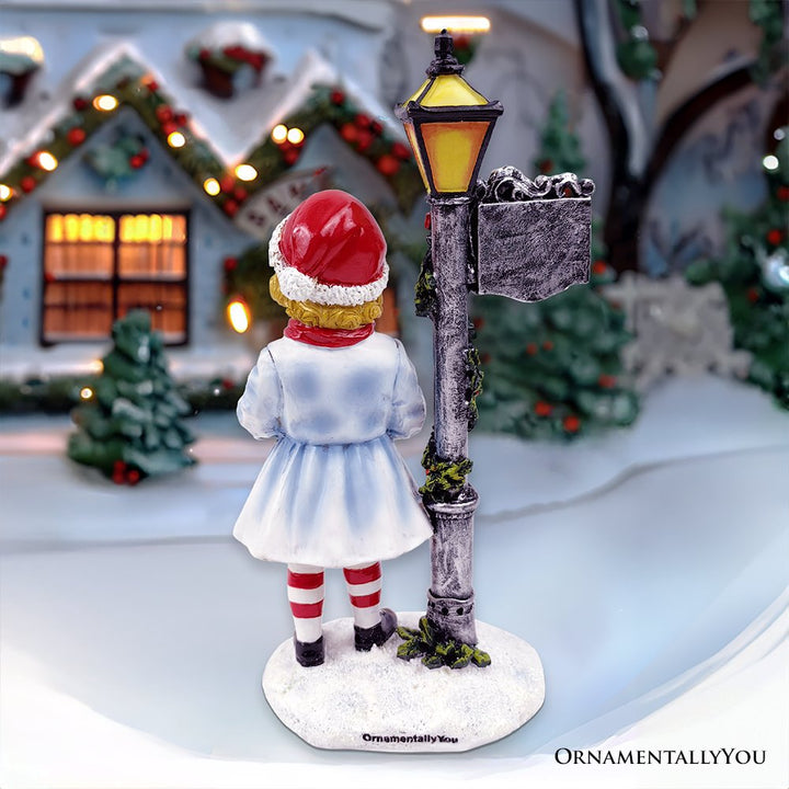 (Pre-Order) Victorian Style Christmas Girl and Street Lamp Tabletop Figurine, 8" Vintage Holiday Statue of a Gift Carrying Belle Resin Statues OrnamentallyYou 