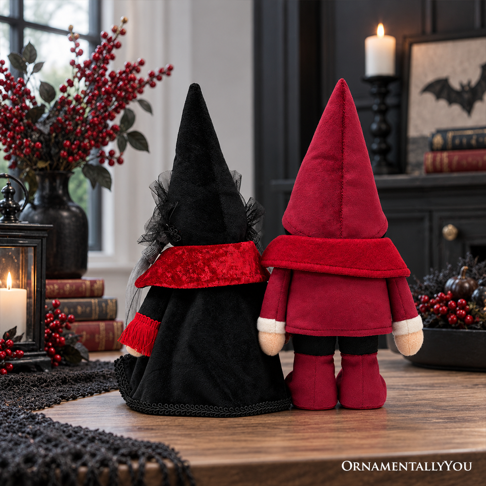 Victorian Vampire Plush Gnome Set of 2, Red and Black Gothic 11" Halloween Couple Decor