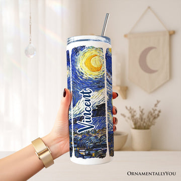 Vincent Van Gogh The Starry Night 20oz Personalized Tumbler With Lid and Stainless Steel Straw, Famous Post-Impressionism Painting Gift Cup Tumbler OrnamentallyYou 