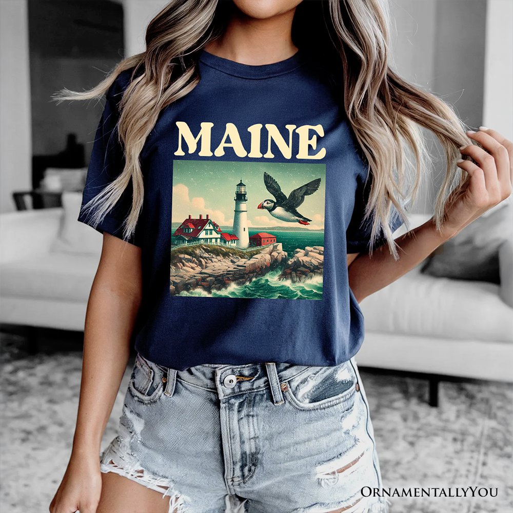 Vintage Maine State Lighthouse and Puffin T-Shirt, New England Coastal Tee and Seaside Souvenir T-Shirts OrnamentallyYou 