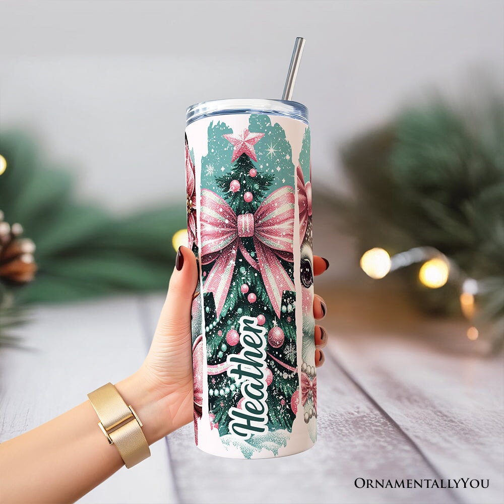 Vintage Tree, Reindeer, Santa and Snowman 20oz Personalized Tumbler With Lid and Stainless Steel Straw, Coquette Pink Christmas Gift Cup Tumbler OrnamentallyYou 
